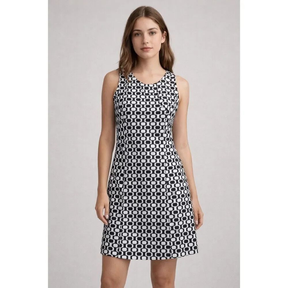 BCBG Paris Geometric Mod Shift Dress Black White Sleeveless Size 6